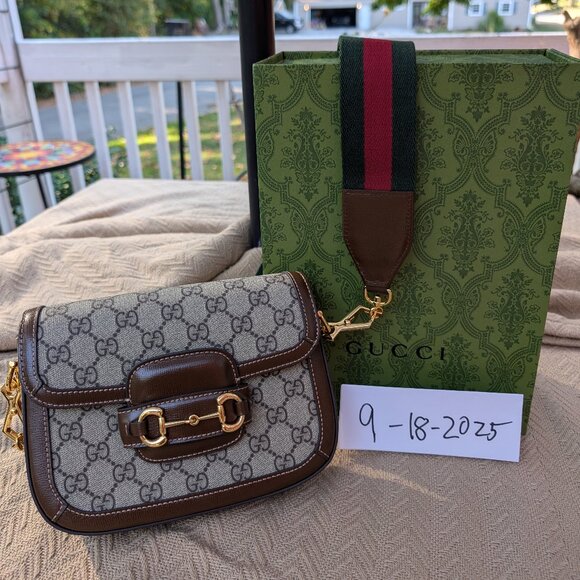 Gucci Horsebit 1955 GG Supreme Brown/Beige Canvas Small Shoulder Bag - Picture 1 of 14